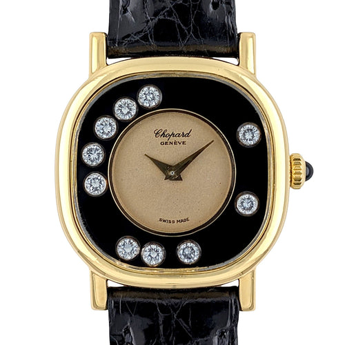 Montre Chopard Happy Diamonds Onyx Dial 18k Gold 10 Diamonds 5089 5 Cushion Coussin Jewelry 58 Facettes