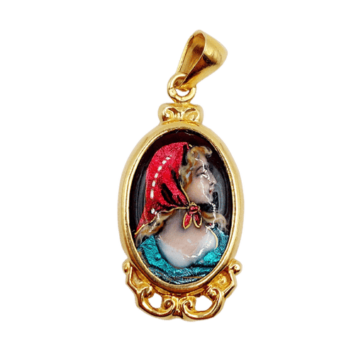 Pendentif style Art Nouveau or rose, émail jeune fille Limoges 58 Facettes A06216