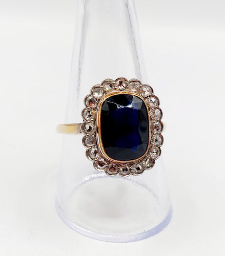 Bague 59 Bague pompadour art deco or jaune 18k pierre bleue et diamant taille rose (circa 1900) 58 Facettes A06202