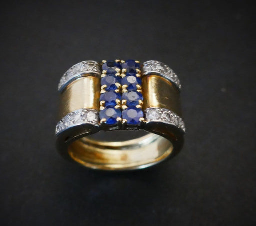 Ring 53 Tank Ring Sapphires and Diamonds, Gold 58 Facettes