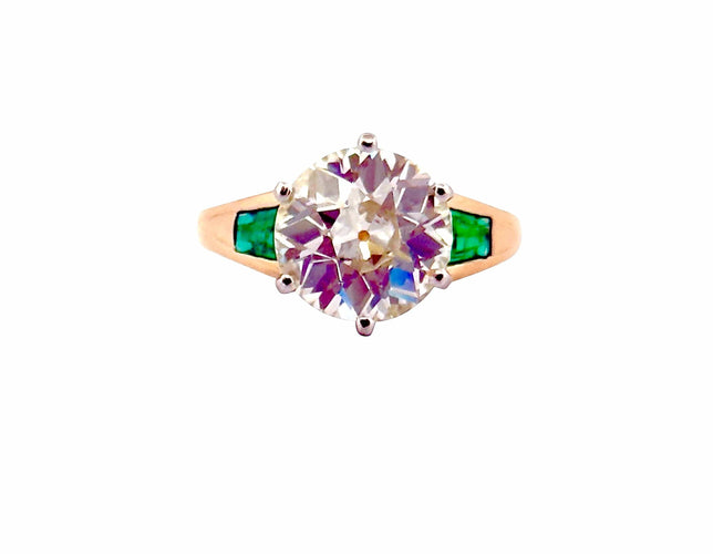 Bague 52 Solitaire ancien or jaune et platine, diamant et émeraudes 58 Facettes