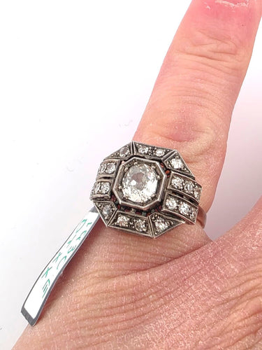 Bague 54 Anello con diamante centrale old mine en or jaune et argent 58 Facettes
