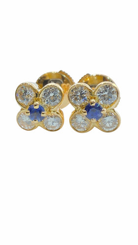 Boucles d'oreilles Boucles d’oreilles trèfles en or jaune diamants et saphirs 58 Facettes