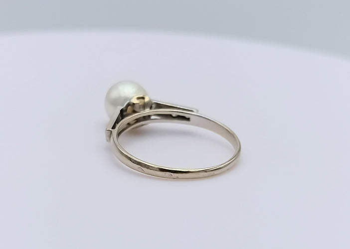 Bague 55 Bague vintage - Bague en or gris 18k, perle de culture et diamants 58 Facettes