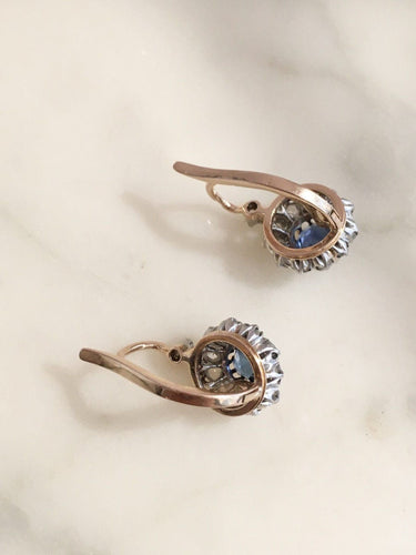 Boucles d'oreilles Boucles d’oreilles dormeuses Belle Époque en or rose, platine, saphirs et diamants 58 Facettes