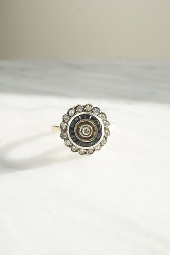 Bague cible or jaune, saphir et Diamants sur argent