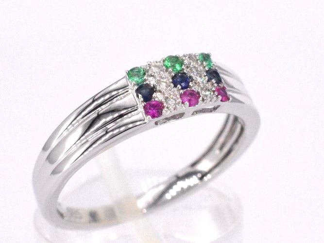 Bague Bague en or blanc avec diamant et pierres précieuses multicolores 58 Facettes 2043