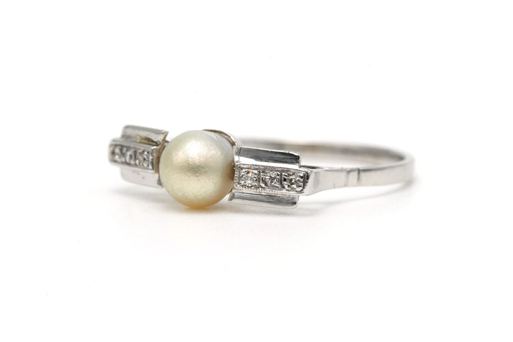 Bague 54 Bague Art Déco or blanc, perle et diamants taille rose 58 Facettes B662