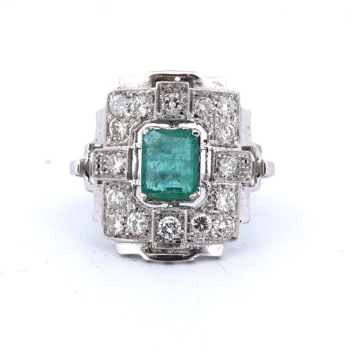 Bague Art Déco or émeraude diamants