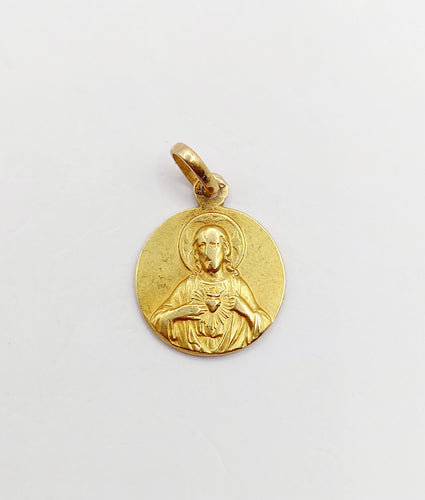 Pendentif Médaille religieuse vintage or jaune double face Notre Dame du Mont Carmel 58 Facettes A05604