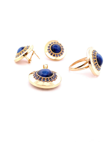 Boucles d'oreilles parure 4 pièces en or jaune 18 carats , saphirs et chrysobéryls bleus oeil de chat 58 Facettes