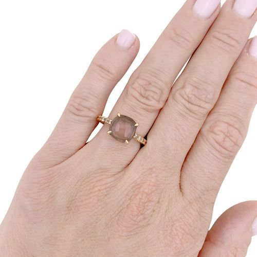 Bague 52 Bague Pomellato, "Baby" or rose, quartz rose et diamants bruns. 58 Facettes 34946