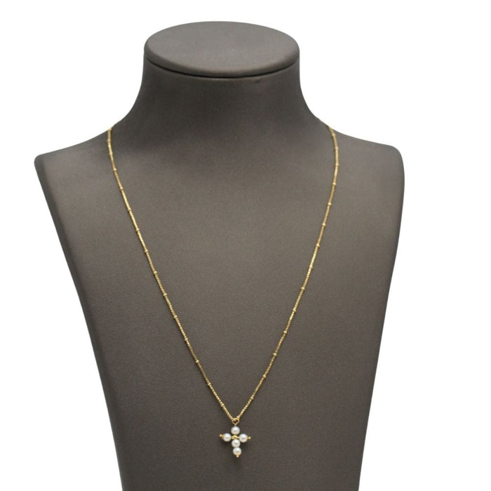 Collier chaîne en or jaune avec pendentif croix avec perles 58 Facettes E363221B