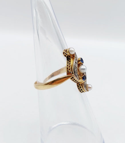 Bague 50 Bague marquise antique or et platine perles, diamants et saphirs 58 Facettes A04421