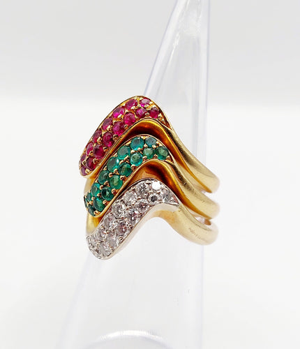 Bague 49 Trilogie de Bagues jonc vintage or ornée d'un pavé diamants, émeraude et rubis 58 Facettes A04056-7-8