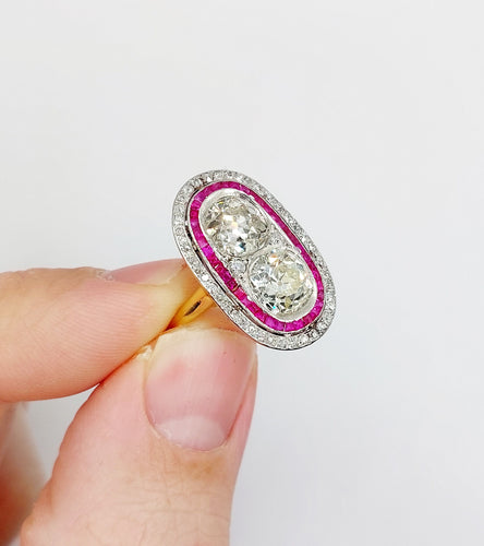 Bague 57 Bague marquise art déco en or 18k et platine, diamants et rubis 58 Facettes A06578