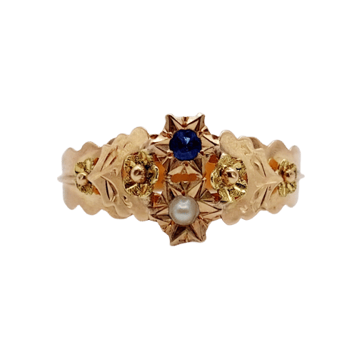 Bague 59 Bague toi et moi antique en or rose 18k perle et pierre bleue 58 Facettes A06505