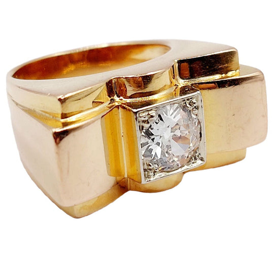 Bague 52 Bague tank XXL art deco or rose 18k diamant taille ancienne 1,25 carats (circa 1950) 58 Facettes A05970