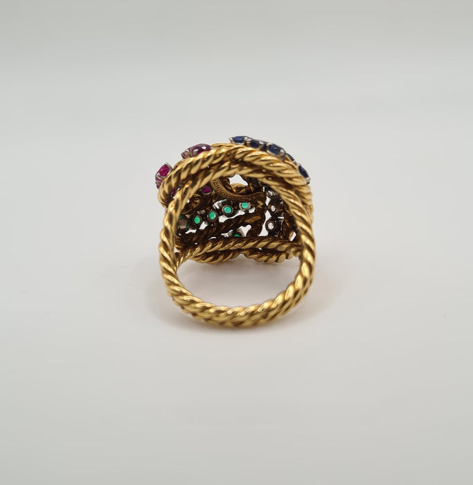 Boucheron - Bague Vintage diamants, saphirs, émeraudes et rubis, or jaune