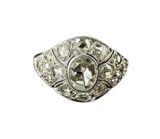 Bague 66 Bague Art Nouveau or jaune et platine, sertie de roses de diamants 58 Facettes