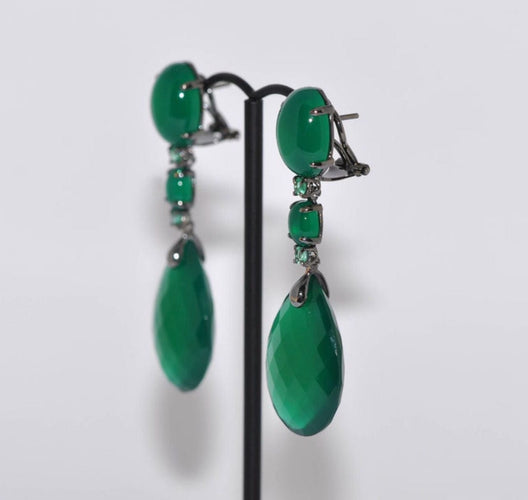 Boucles d'oreilles Boucles D'oreilles Chandelier Or Noir, Agate Verte Et Émeraude 58 Facettes