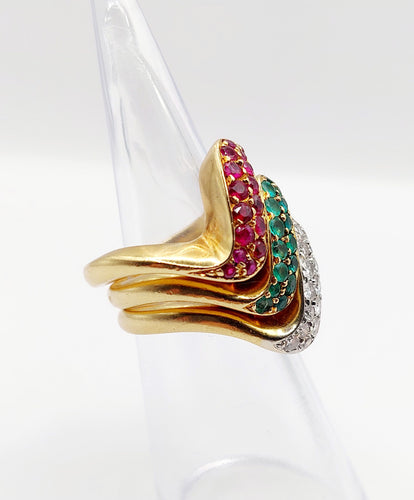 Bague 49 Trilogie de Bagues jonc vintage or ornée d'un pavé diamants, émeraude et rubis 58 Facettes A04056-7-8