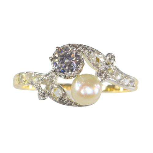 Vintage Belle Epoque diamond and pearl romantic toi-et-moi engagement ring