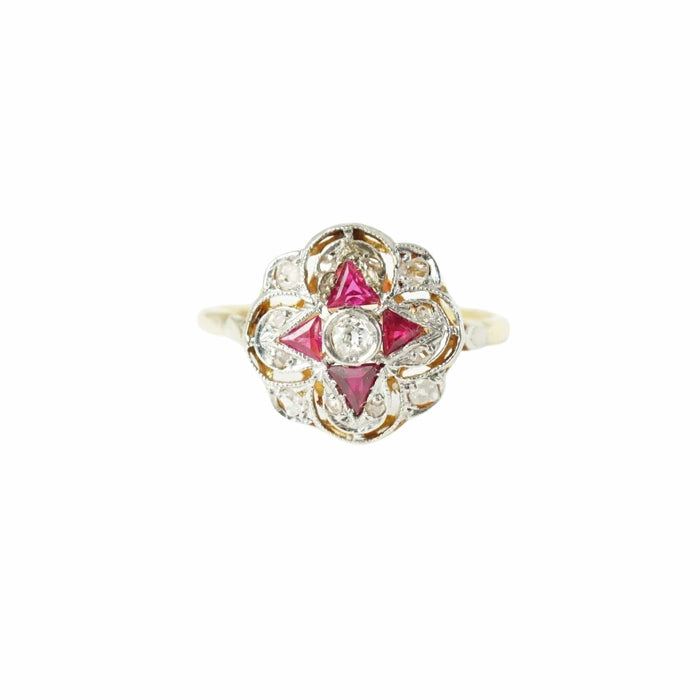 Bague 52.5 Bague rosace Art Déco 2 ors, diamants et rubis synthétiques 58 Facettes