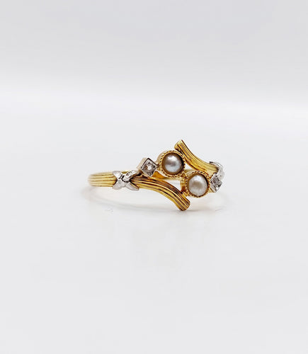 Bague 57.5 Bague toi et moi Art nouveau perles et diamants taille rose en or 18k 58 Facettes A06498