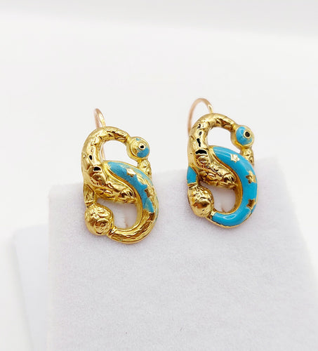 Boucles d'oreilles Dormeuses victorienne or jaune infini et émail bleu (circa 1870) 58 Facettes A06050