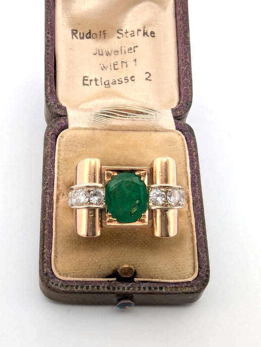 Bague 55 Anneau de gamme dorée jaune et blanc avec émeraude centrale et diamants latéraux 58 Facettes