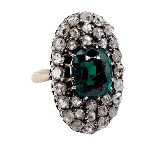 Bague marquise antique en or rose 18k et argent, doublet grenat vert et diamants