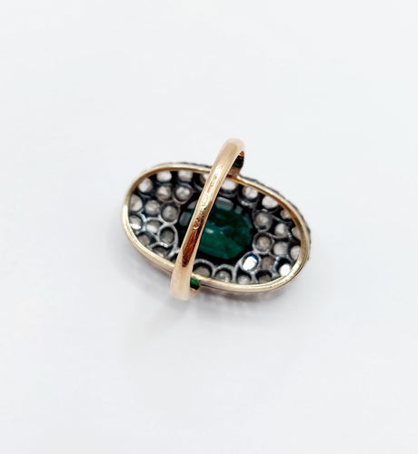 Bague marquise antique en or rose 18k et argent, doublet grenat vert et diamants