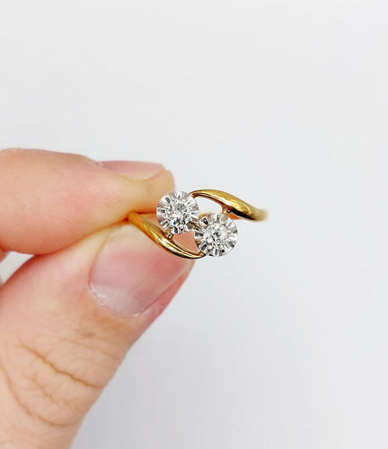 Bague Toi et Moi ancienne en or 18k et diamants taille ancienne