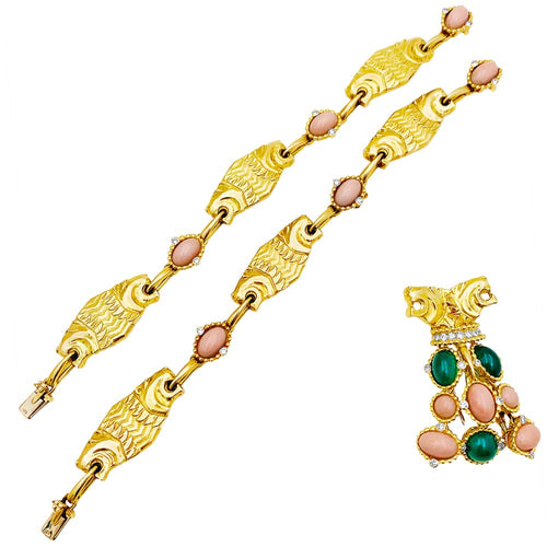 Boucles d'oreilles Demi-parure "Lions" transformable, or jaune, diamants, corail, chrysoprase. 58 Facettes 35286