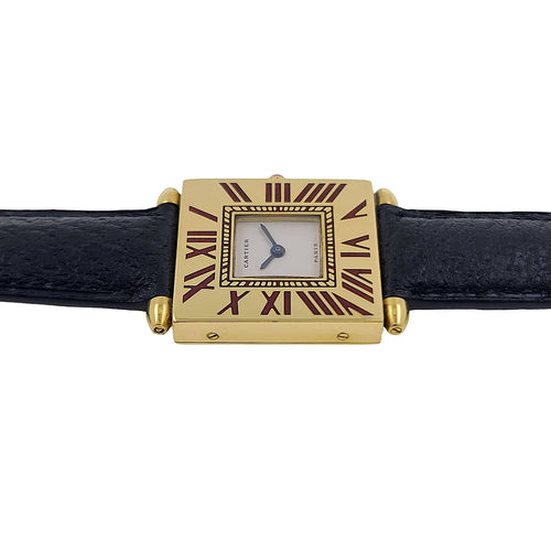 Montre Rarity Cartier Quadrant Burgundy Enamel Full Set Large Model A102 Ruby Obus 1987 1984 58 Facettes