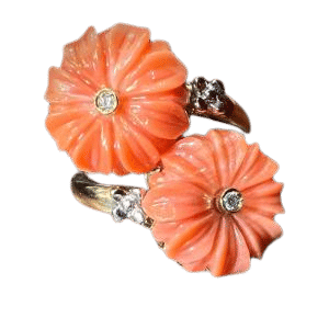 Bague 55 Bague or jaune, fleurs corail et brillants 58 Facettes 7245 A