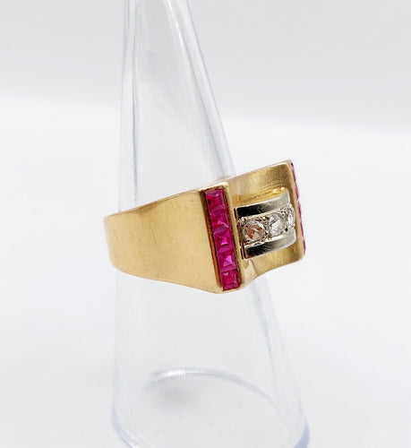 Bague 52 Bague tank Art déco en or rose 18k avec diamants et rubis synthétiques 58 Facettes A06536
