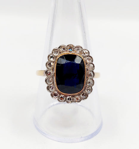 Bague 59 Bague pompadour art deco or jaune 18k pierre bleue et diamant taille rose (circa 1900) 58 Facettes A06202