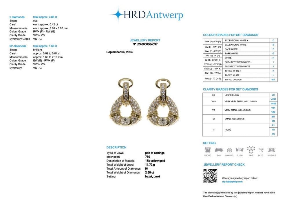 Boucles d'oreilles or jaune avec diamants naturels de 2,50 carats certifiés HRD