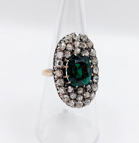 Bague marquise antique en or rose 18k et argent, doublet grenat vert et diamants