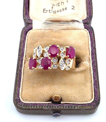Bague vintage en or jaune 18 carats avec rubis et diamants
