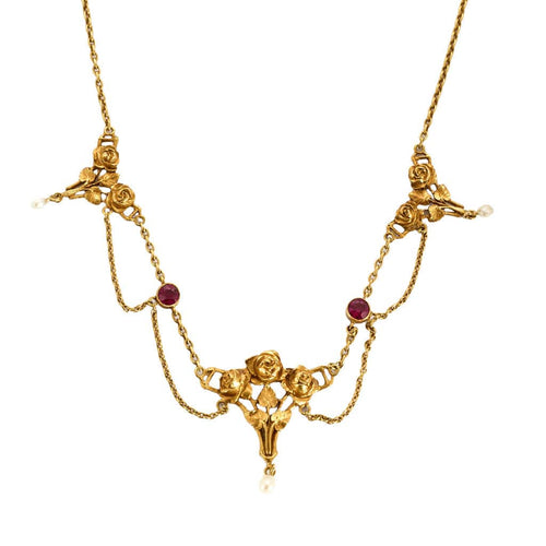 Collier Collier collerette or jaune, perles et rubis de synthèse 58 Facettes ROD3377