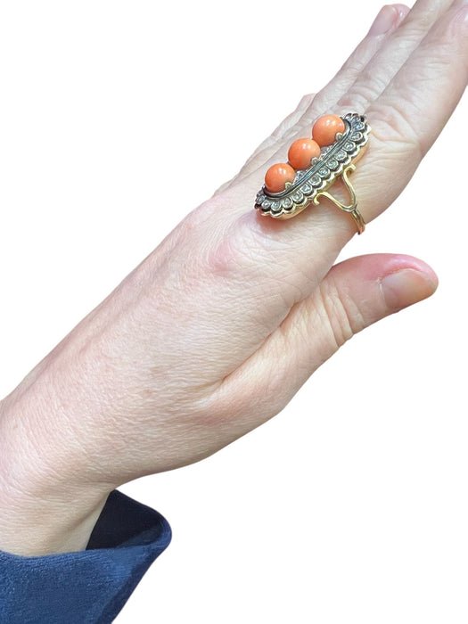 Bague Or, Perles Corail, Diamants Taille Ancienne, Email Noir