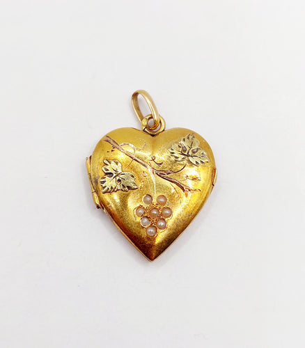 Pendentif Pendentif porte-photo antique feuille de vigne en or rose 18k et perles 58 Facettes A06357