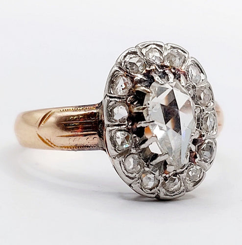 Bague marguerite victorienne or rose 18k diamant poire 0.60 carat (circa 1880)