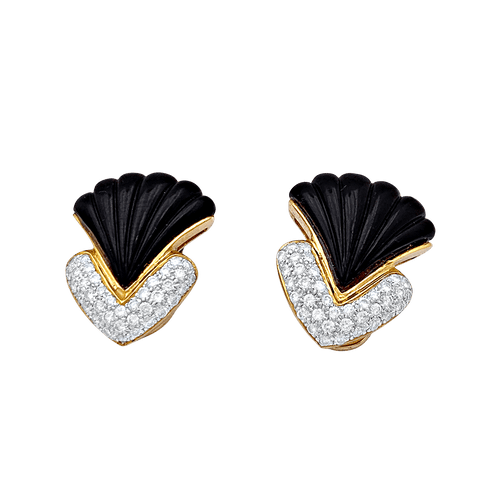 Boucles d'oreilles Clips d'oreilles vintage, or jaune, onyx, diamants. 58 Facettes 34718