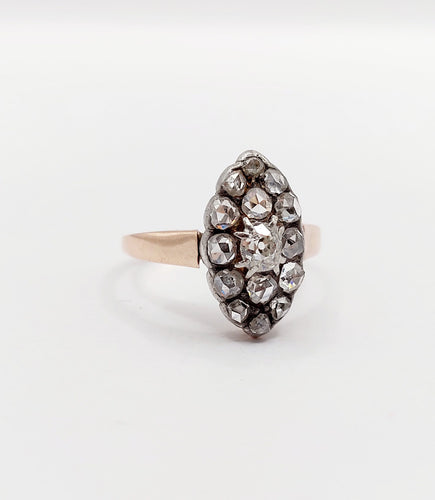 Bague 54 Bague marquise antique en or rose 18k et argent, diamant et diamants roses 58 Facettes A06417