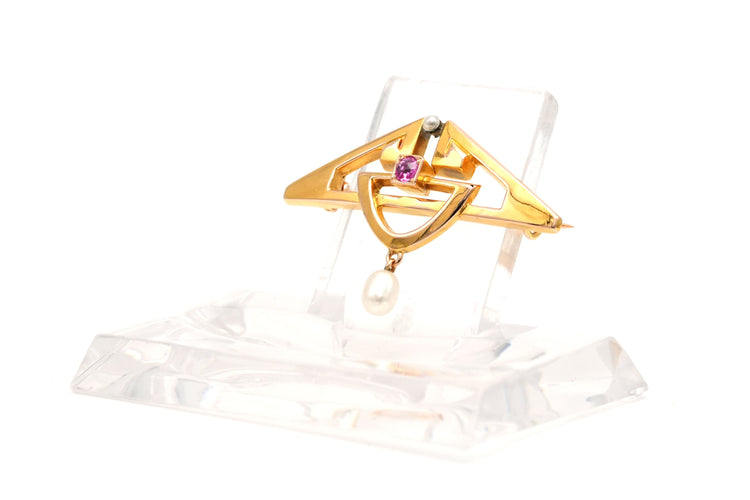 Broche Broche Art Déco en or jaune 18 carats sertie d'un saphir rose et de perles 58 Facettes 20327