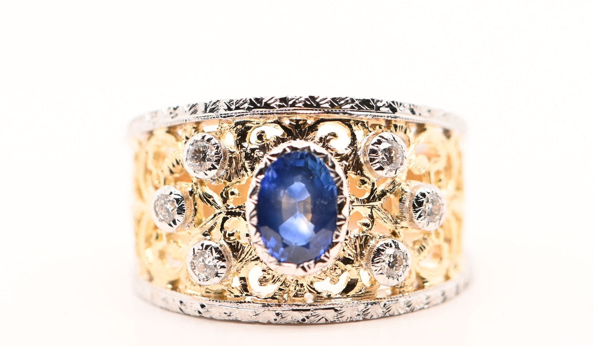 Bague saphir 0,95 carats, diamants, or bicolore